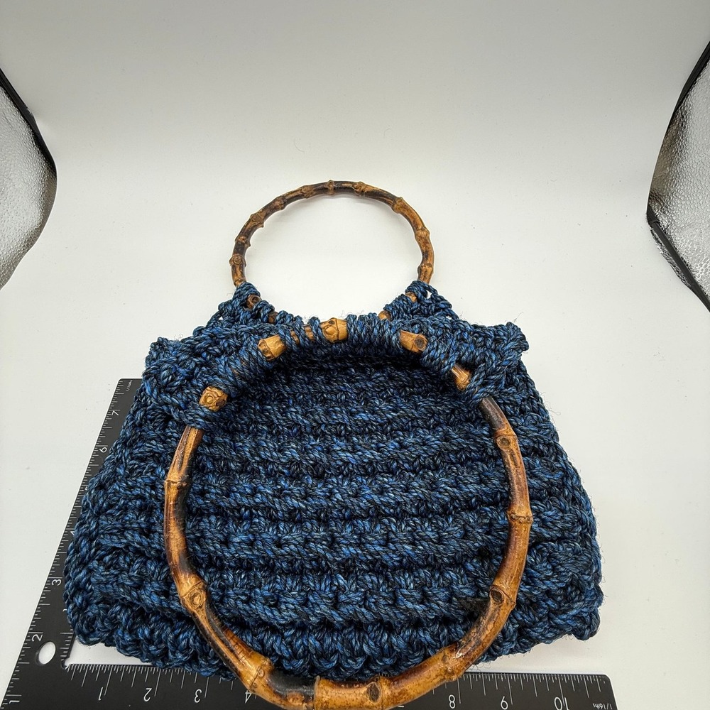 Blue Crochet Knit‎ Handbag with Round Bamboo Top Handles Boho cottage coastal - Picture 2 of 4